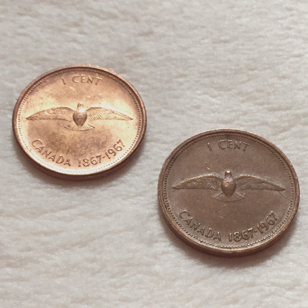 Set of 2 Vintage 1867-1967 Canada Centennial Rock Dove Penny Coins DIY Jewelry